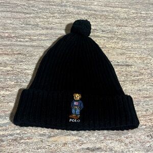 Polo Ralph Lauren Black Knit Pom Beanie with Bear Patch